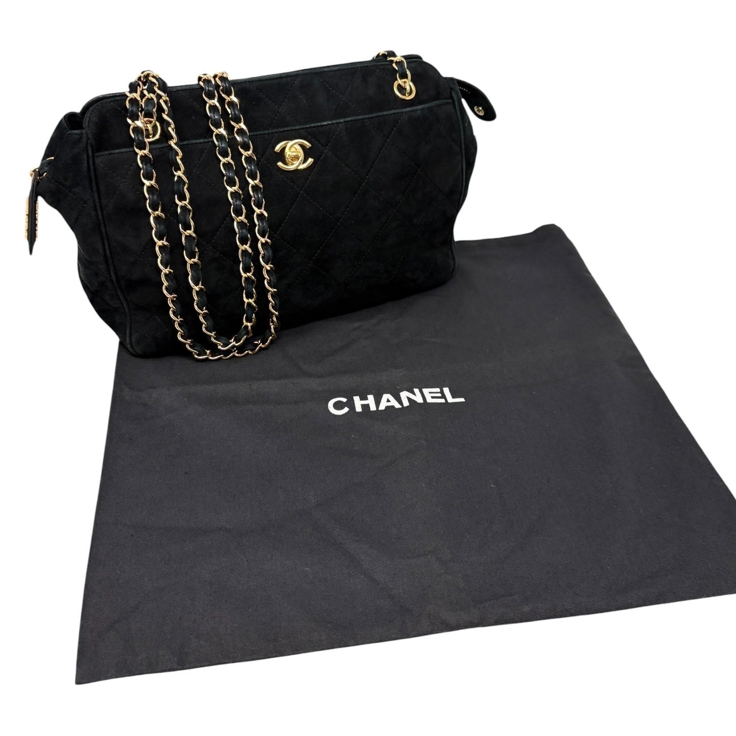 CHANEL Vintage CC Logo Quilted Chain Shoulder Bag Black Gold Suede 901890