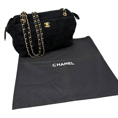 CHANEL Vintage CC Logo Quilted Chain Shoulder Bag Black Gold Suede 901890