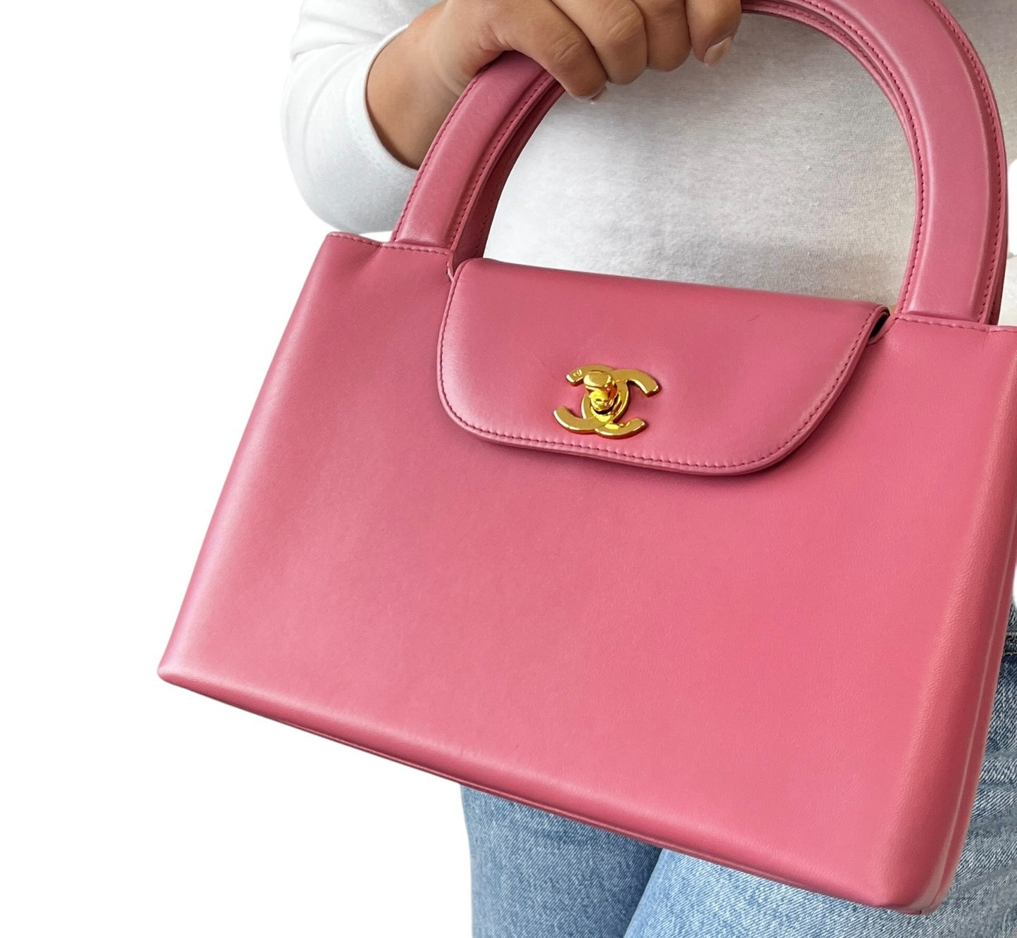 CHANEL Vintage CC Logo Turnlock Top Handle Flap Bag Pink Gold Leather Handbag