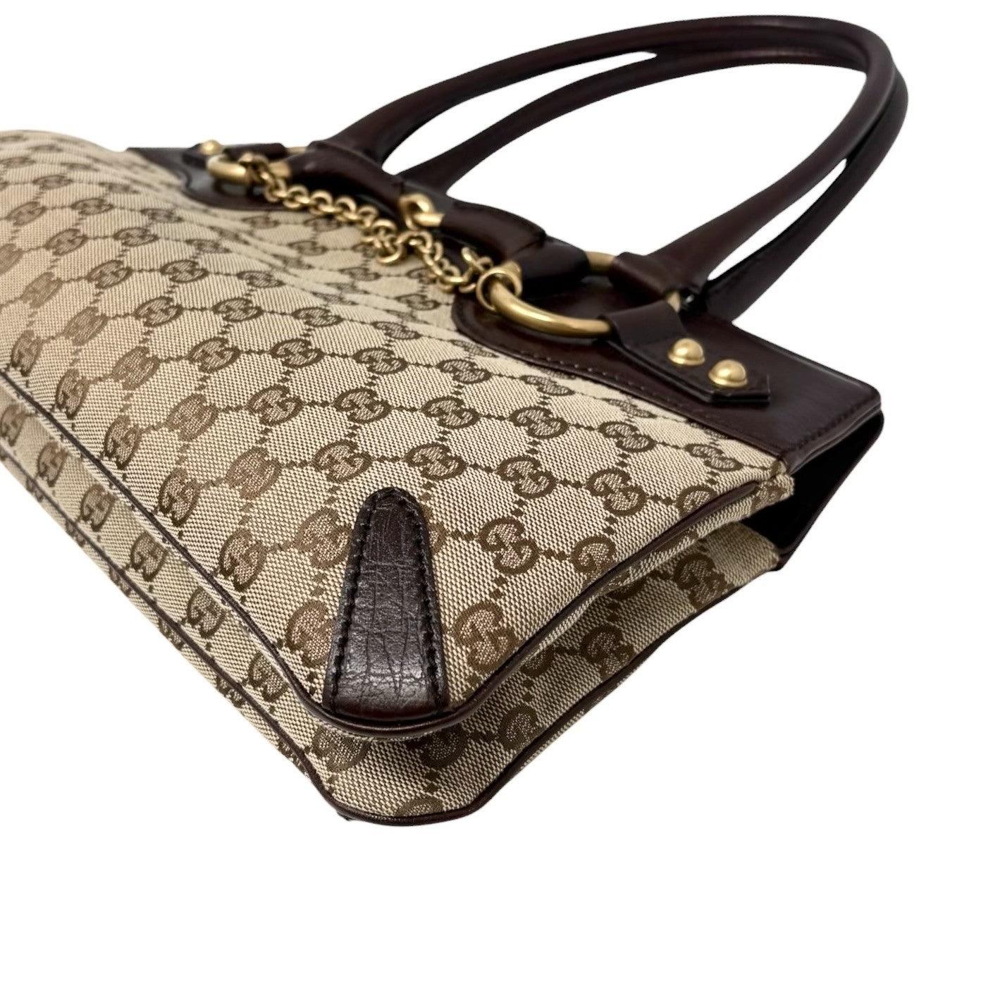 GUCCI Vintage GG Monogram Horsebit Chain Tote Bag Beige Brown Canvas 901926