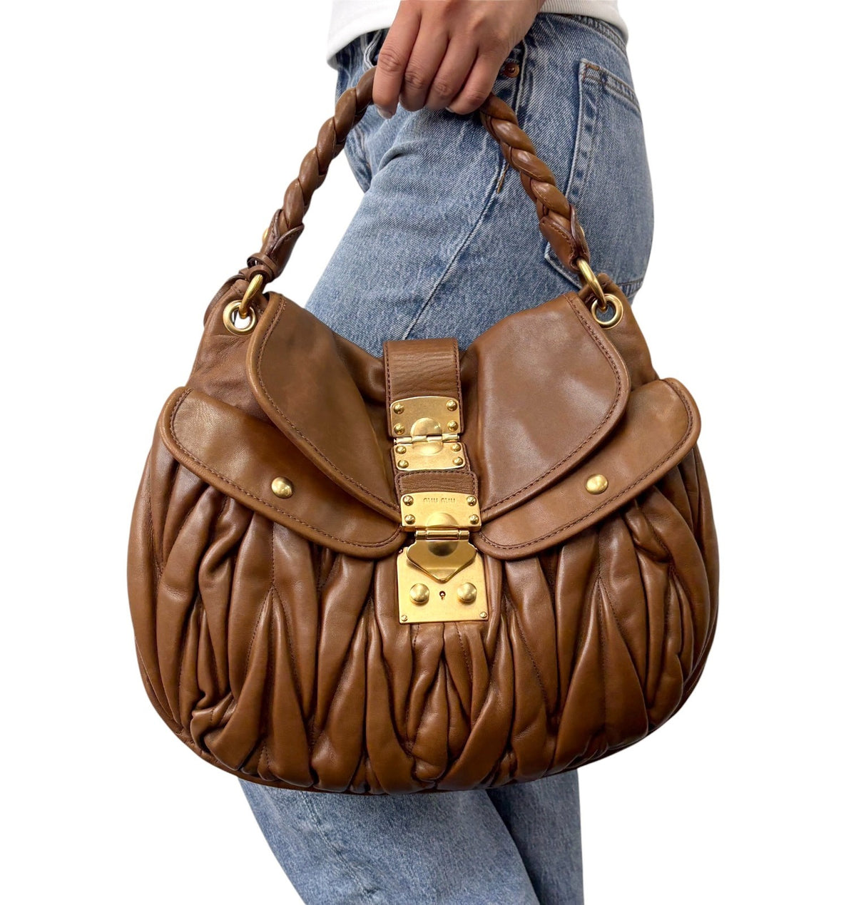 Miu Miu Vintage Logo 2way Shoulder Bag Handbag Brown Gold Leather 902346