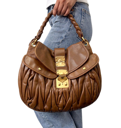 Miu Miu Vintage Logo 2way Shoulder Bag Handbag Brown Gold Leather 902346