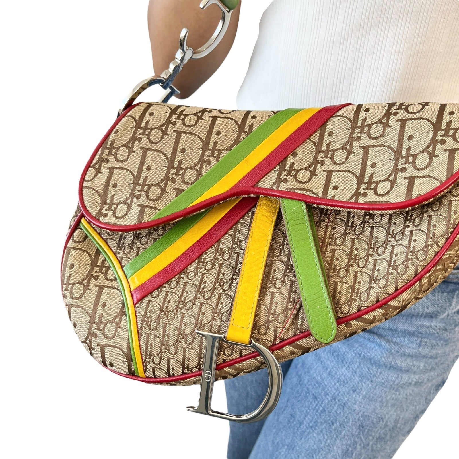 Christian Dior Vintage 2004 Trotter Monogram Logo Saddle Bag Rasta Brown PVC