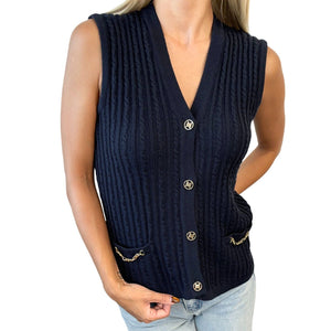 CELINE Vintage Macadam Logo Button Vest #38 Top Dark Blue Gold Wool Rank AB