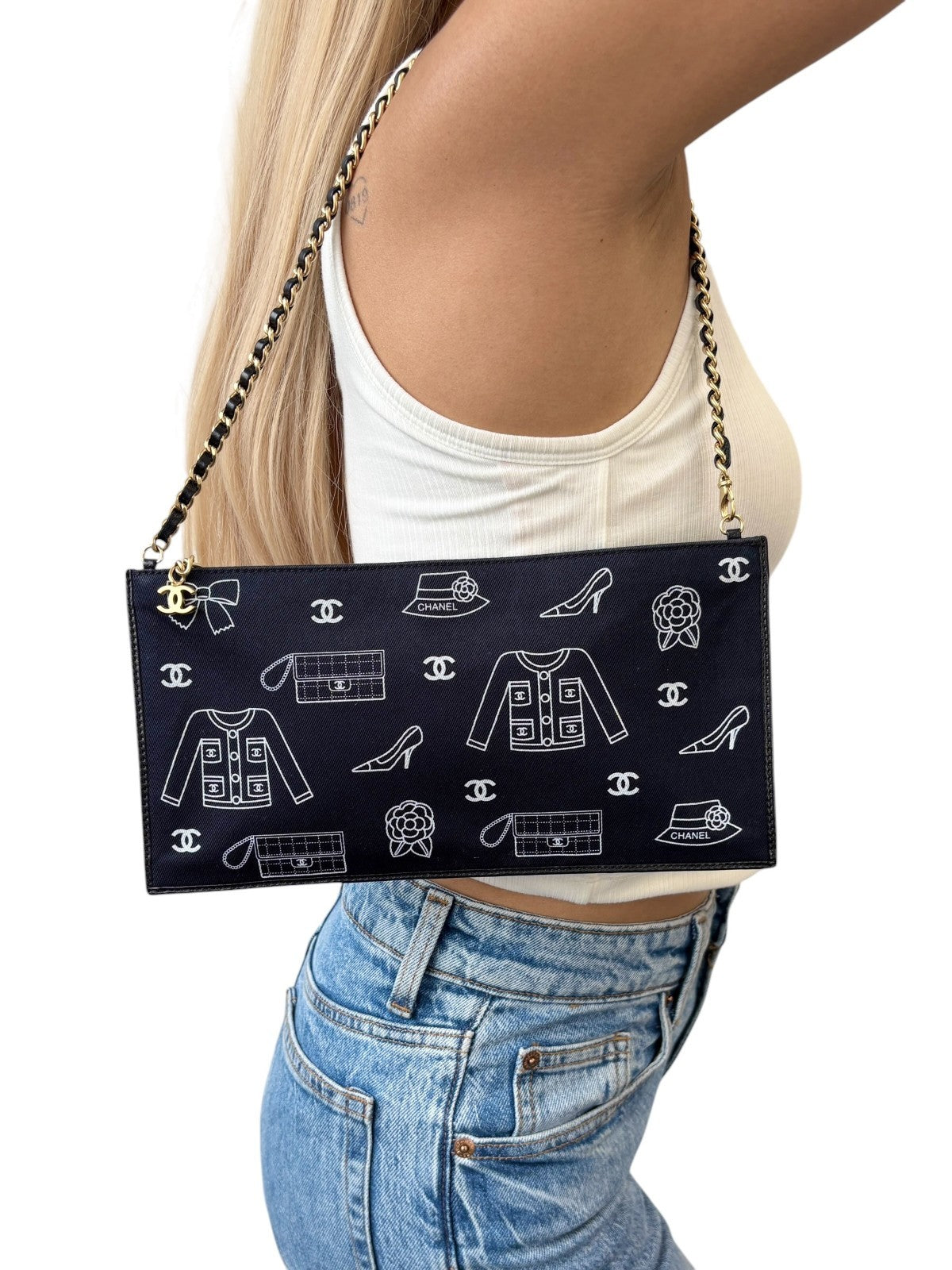 CHANEL Vintage CC Logo Icon Print Canvas Shoulder Bag Pochette Dark Blue Chain