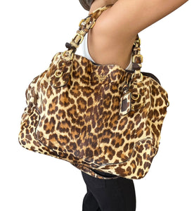 PRADA Vintage Logo 2way Tote Bag Brown Gold Calf Hair Leopard Crossbody Rank AB