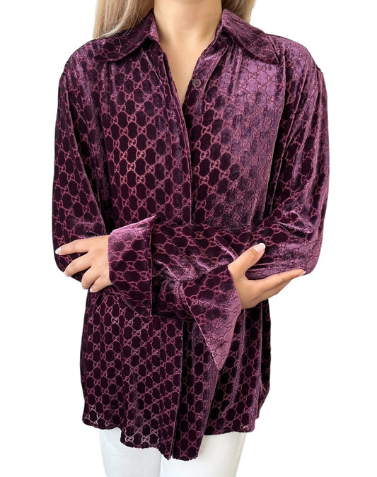 GUCCI Vintage GG Monogram Logo Velour Button Up Shirt Top Purple Silk
