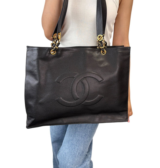 CHANEL Vintage Bic CC Logo Chain Shoulder Tote Bag Black Gold Leather 902079