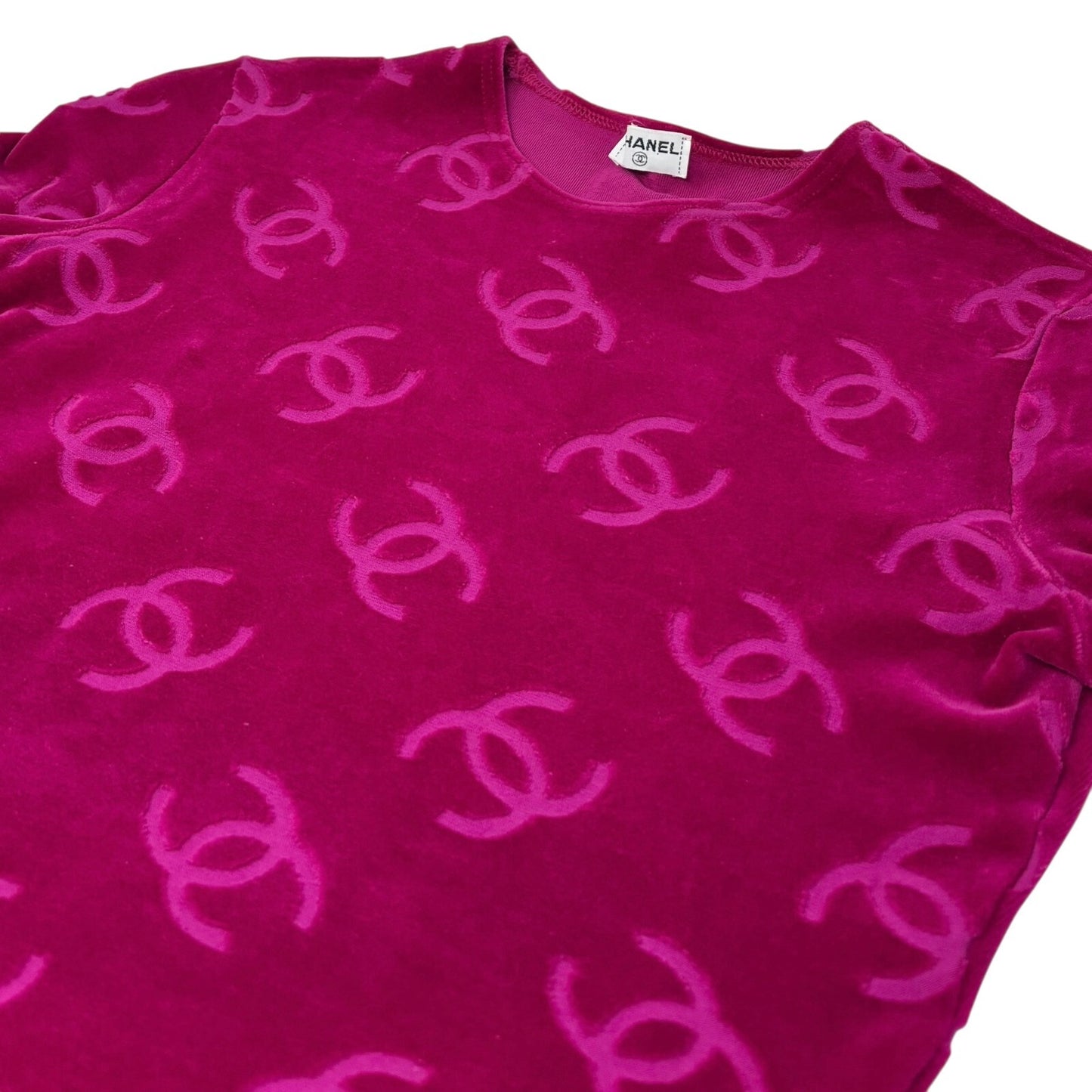 CHANEL Vintage 1996 CC Logo Velour T-shirt #40 Short Sleeve Top Pink Red