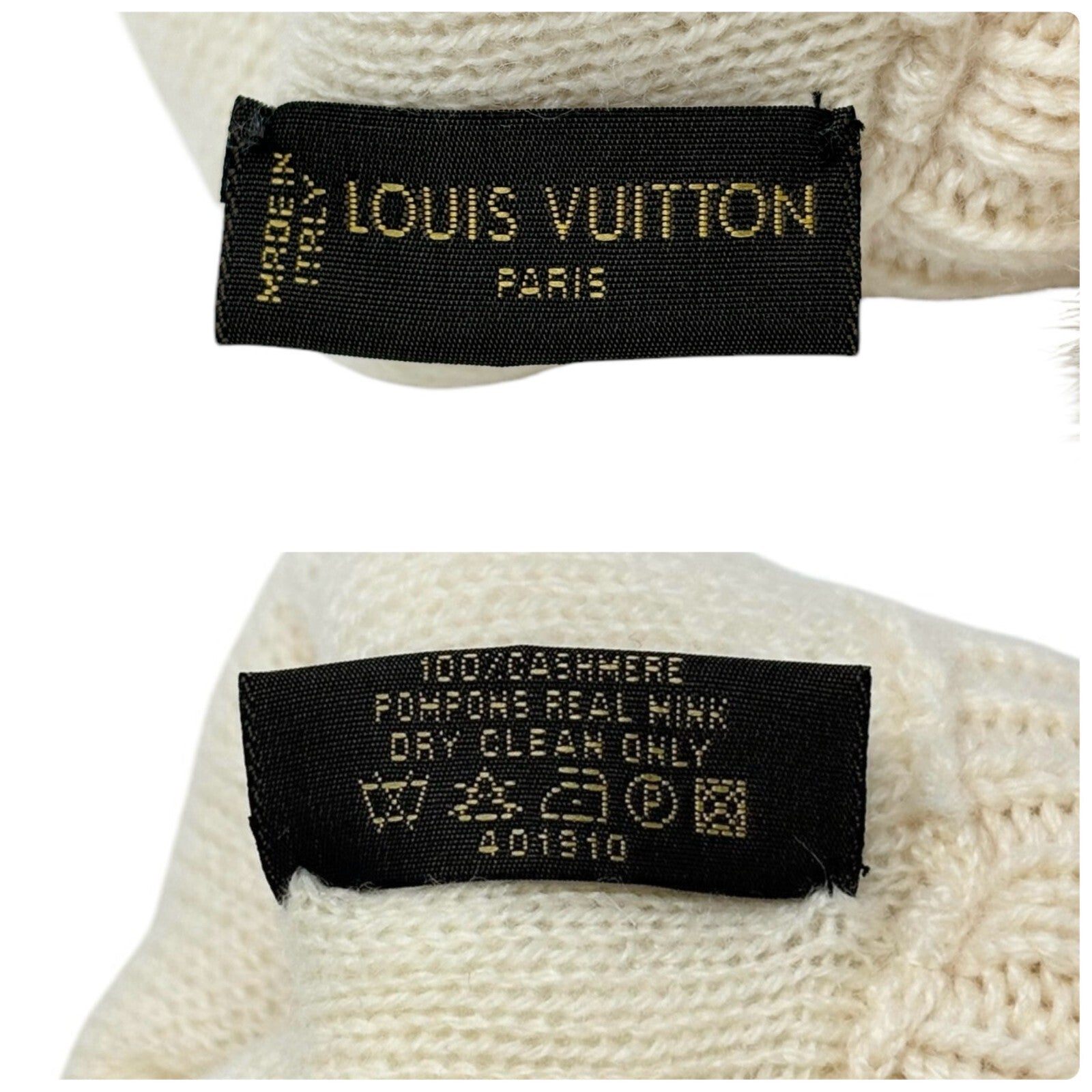 LOUIS VUITTON Vintage LV Logo Knit Gloves Mink Pompons Cream Cashmere