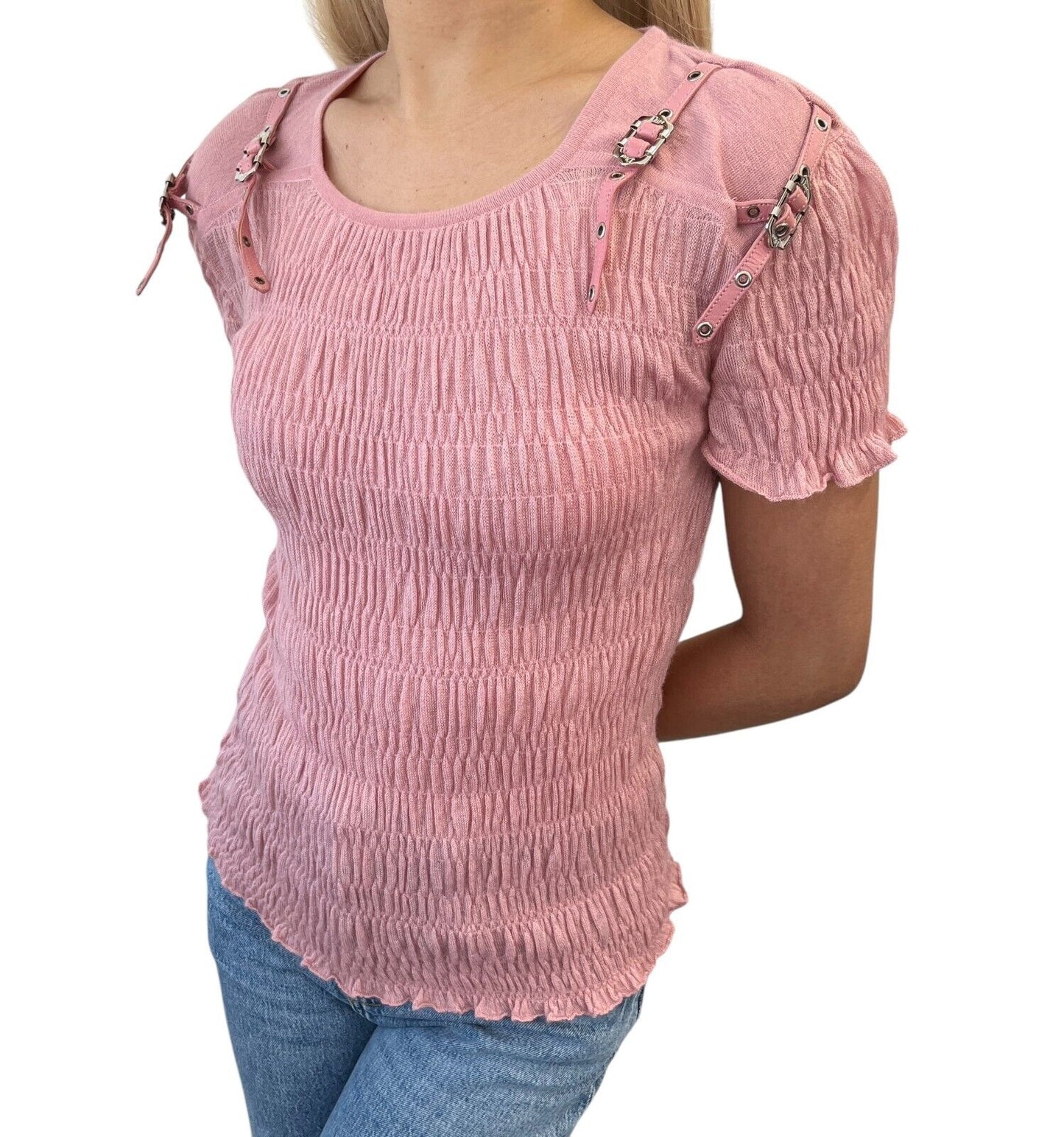 Christian Dior Vintage 2003 Bondage Summer Knit Top #36 Pink Silver Cashmere
