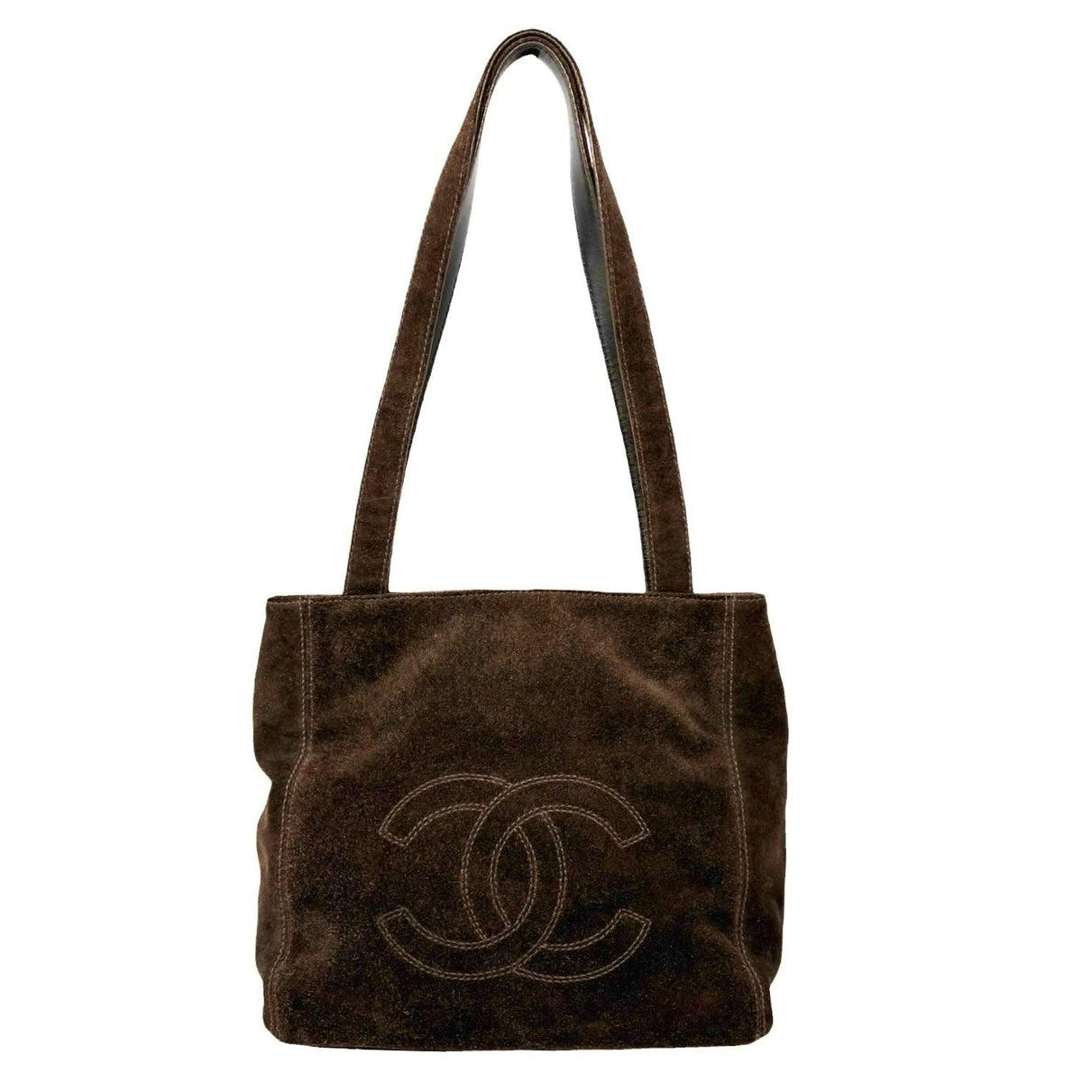 CHANEL Vintage Stitch CC Logo Suede Tote Shoulder Bag Dark Brown 902336