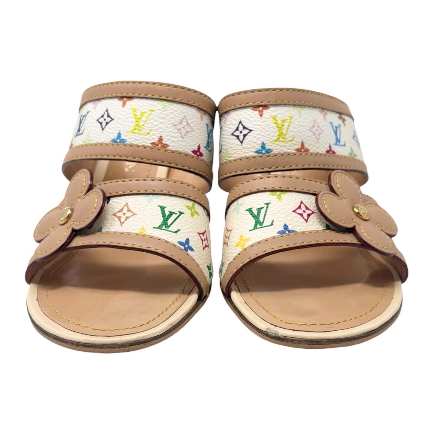 LOUIS VUITTON Vintage Monogram Multicolor Flower Sandals Heels #37 White 902261