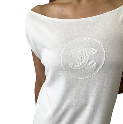 CHANEL Vintage 07P CC Mark Logo Knit Tank Dress One-piece White Cotton Stitch