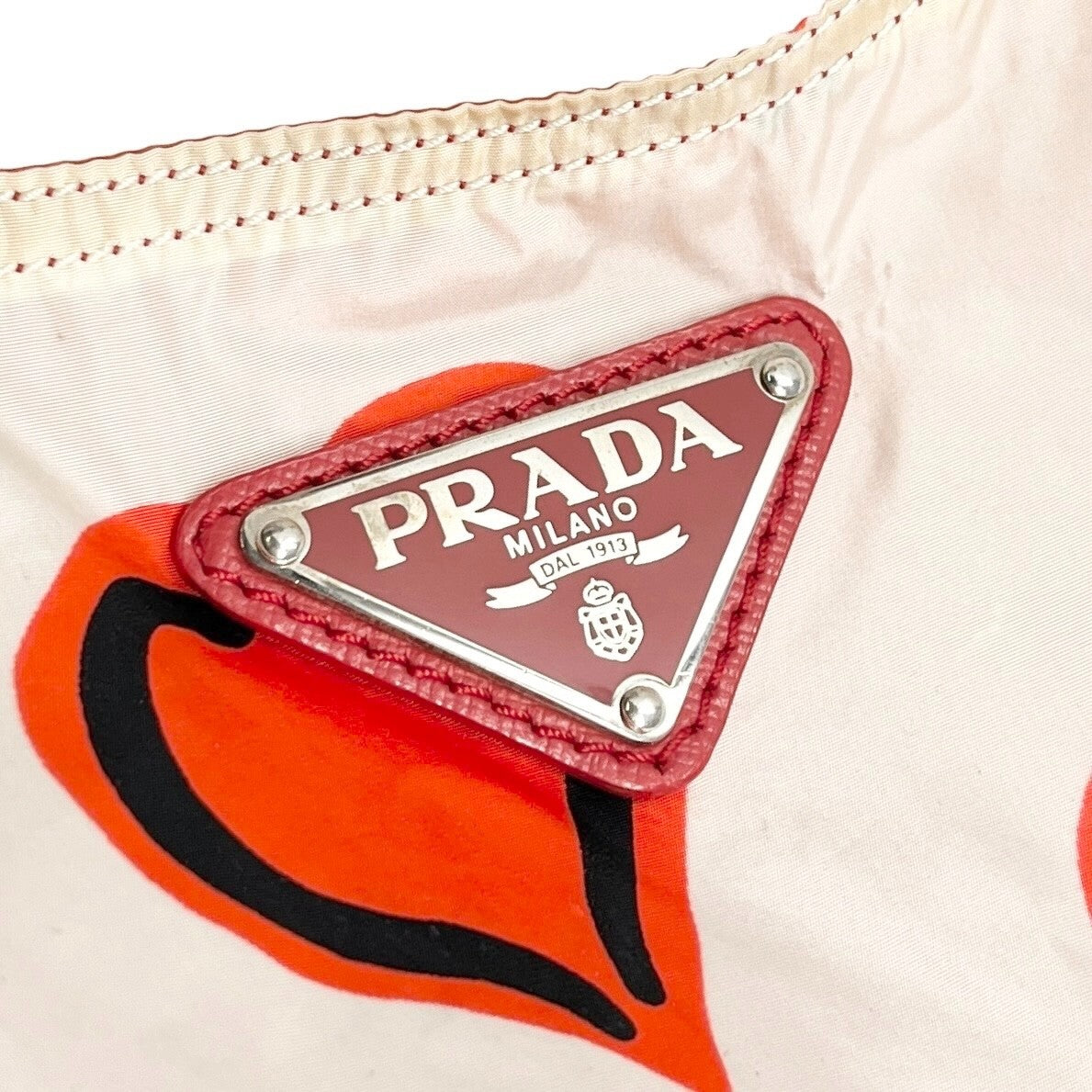 PRADA Vintage Logo Heart Pattern Tote Bag Handbag White Red Black Silver Nylon