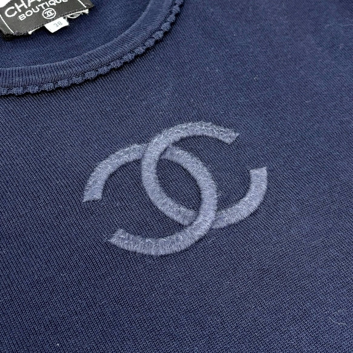 CHANEL Vintage CC Mark Logo Knit Top T-shirt Short Sleeve #38 Dark Blue Cotton