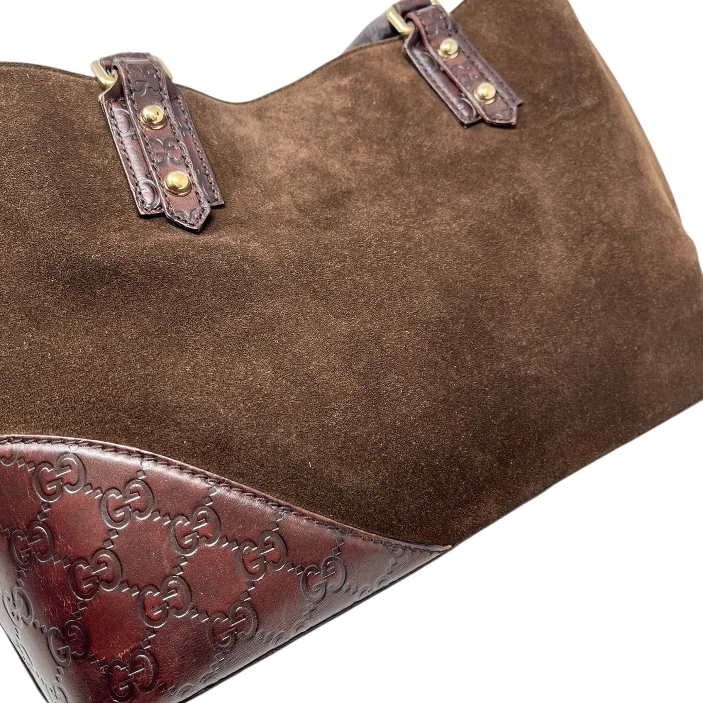 GUCCI Vintage GG Monogram Horsebit Suede Shoulder Bag Tote Brown Gold Leather
