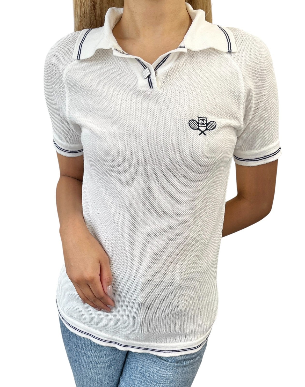 CHANEL Sport Vintage 05P CC Tennis Racket Polo T-shirt Top #42 White Cotton