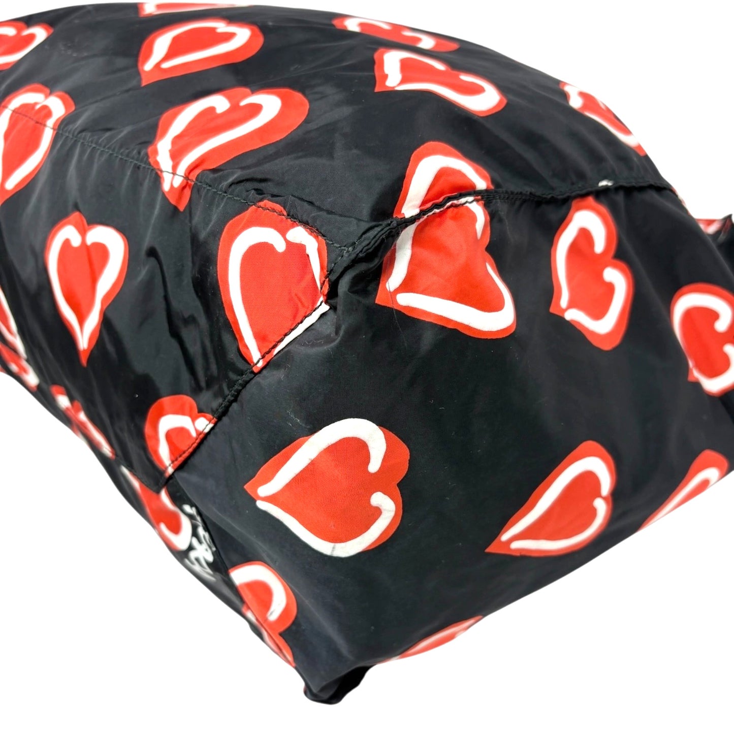 PRADA Vintage Logo Heart Pattern Print Tote Bag Handbag Pouch Black Red Nylon