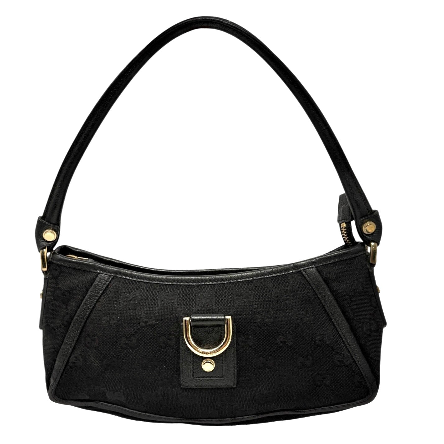 GUCCI Vintage GG Monogram Logo Abbey Shoulder Bag Zip Black Gold Canvas Leather
