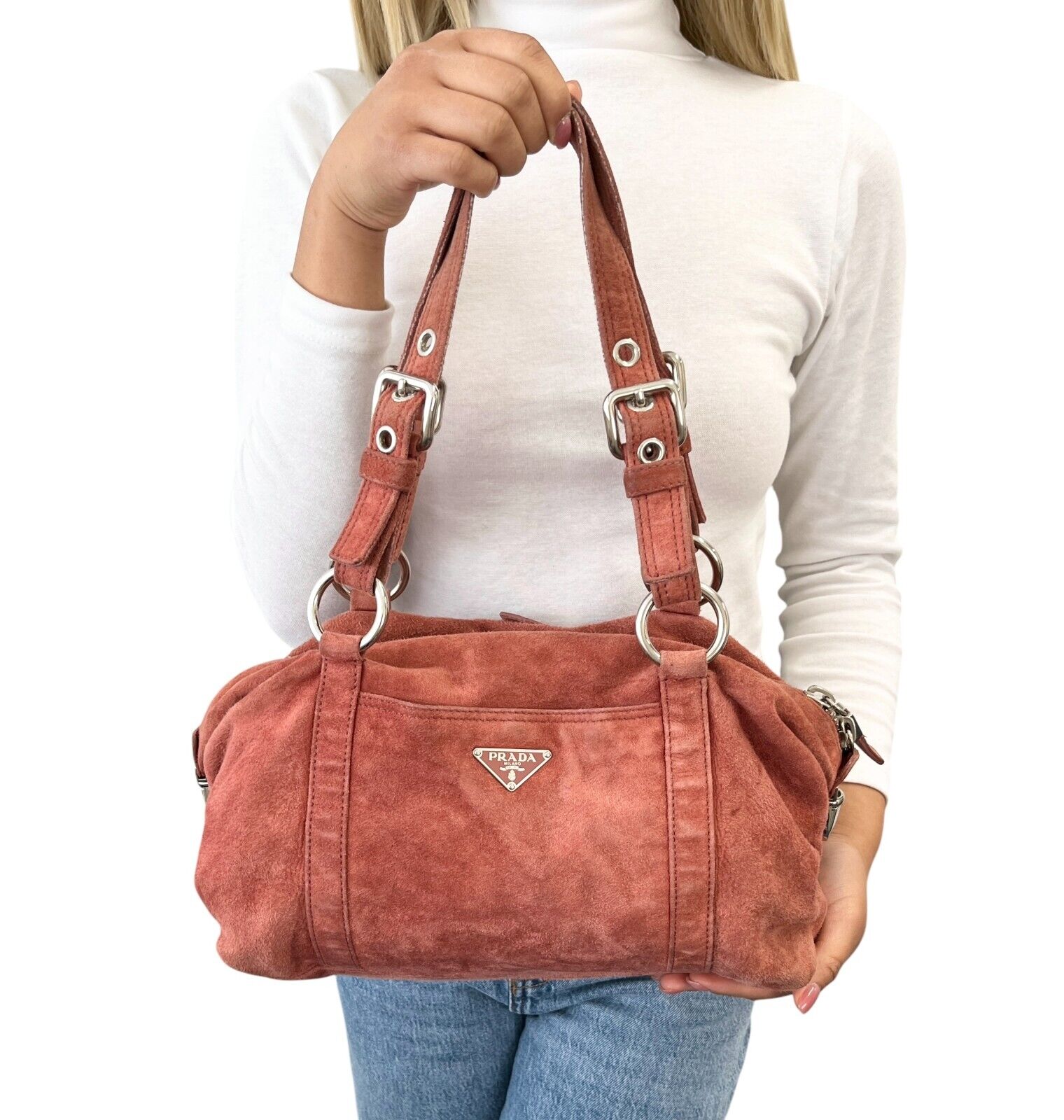 PRADA Vintage Logo Shoulder Bag Tote Red Brown Silver Handbag Suede Zip