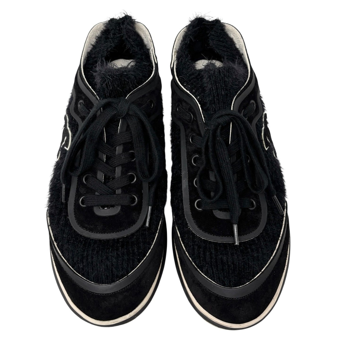 CHANEL Vintage G35202 CC Logo Socks Sneakers #37 Shoes Black White Suede