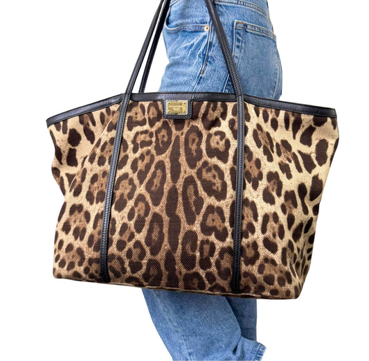 DOLCE&GABBANA Vintage Logo Leopard Large Tote Bag Brown Beige Canvas 902912