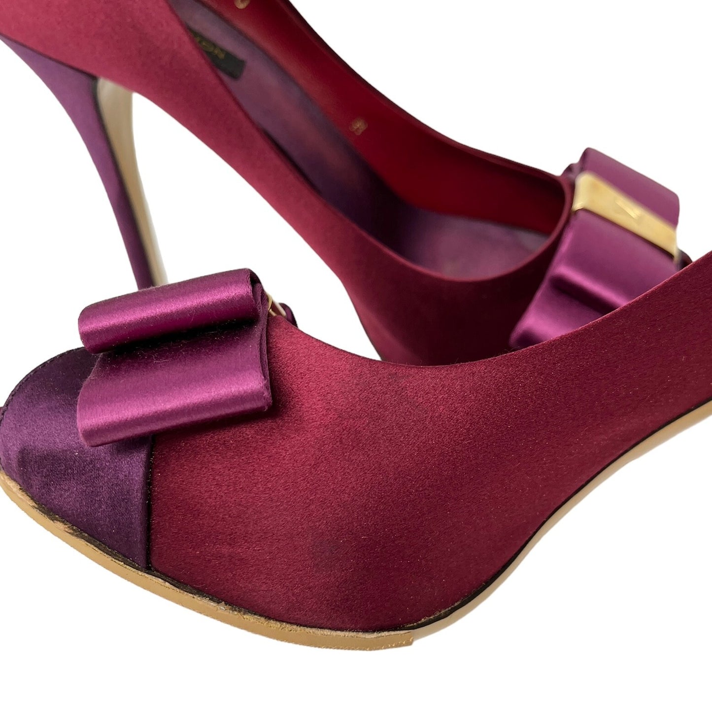 LOUIS VUITTON LV Logo Sandals Heels #38.5 US8 Open Toe Ribbon Red Purple RankAB