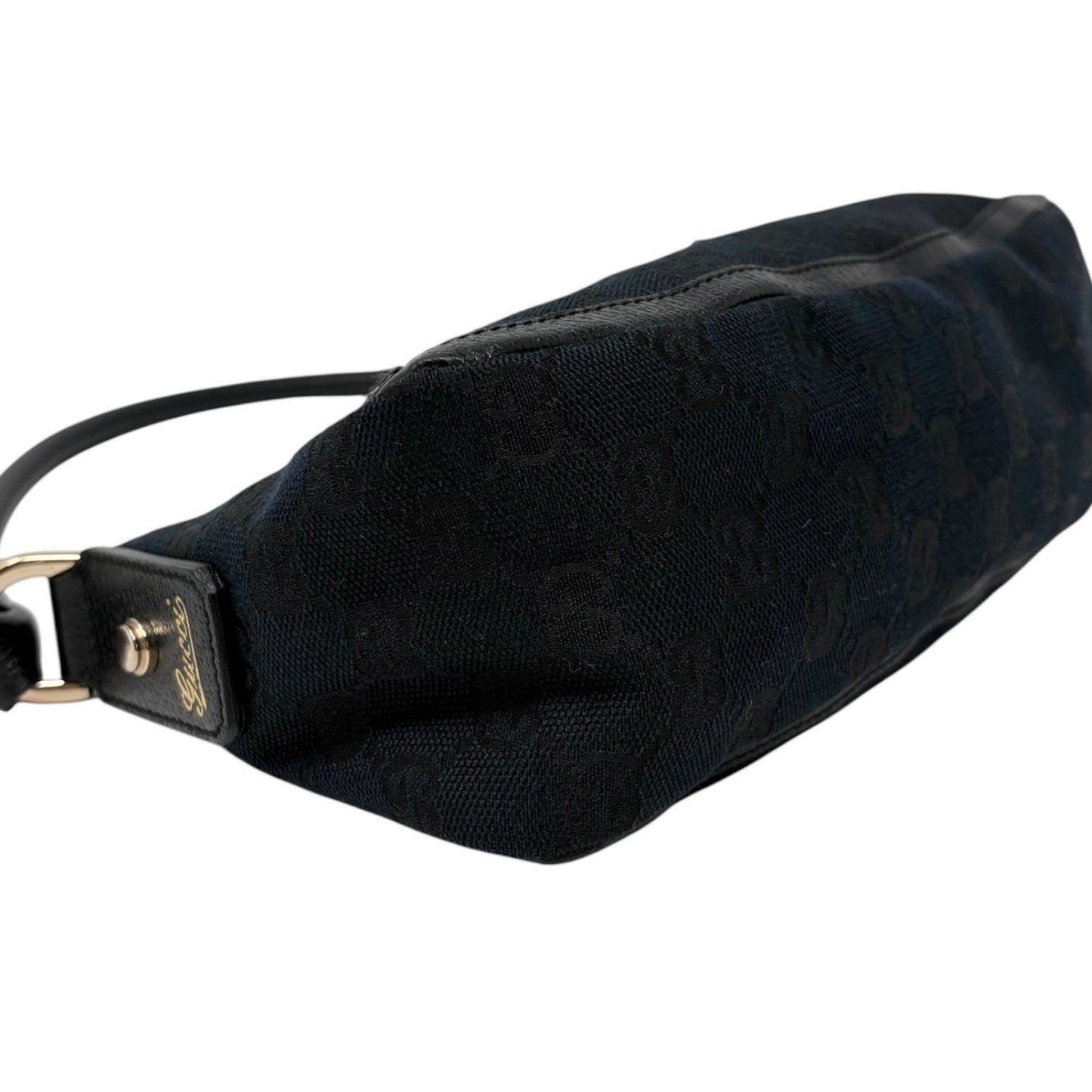 GUCCI Vintage GG Monogram Logo Abbey Shoulder Bag Zip Black Gold Canvas Leather