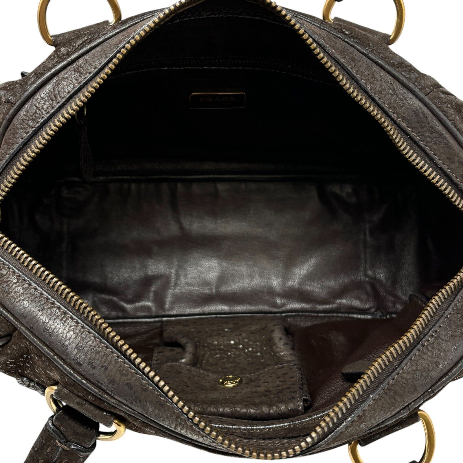 PRADA Vintage Logo Shoulder Bag Tote Bag Stitch Pocket Brown Gold Leather