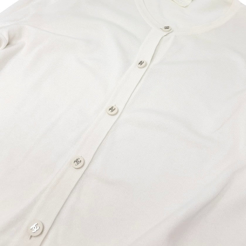CHANEL Vintage 96P CC Logo Cardigan Top Button Pocket #44 White Long Sleeve