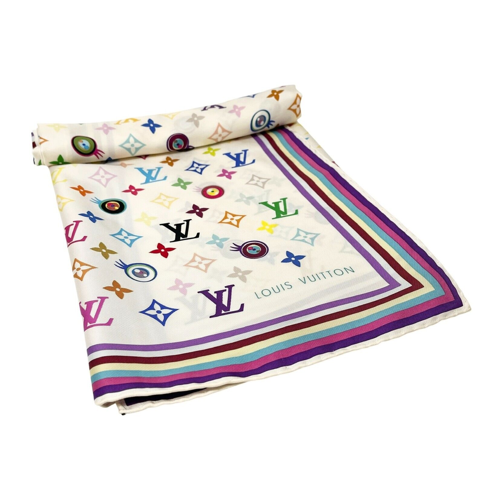 LOUIS VUITTON Vintage LV Multicolor Monogram Logo Scarf Wrap Shawl Craem