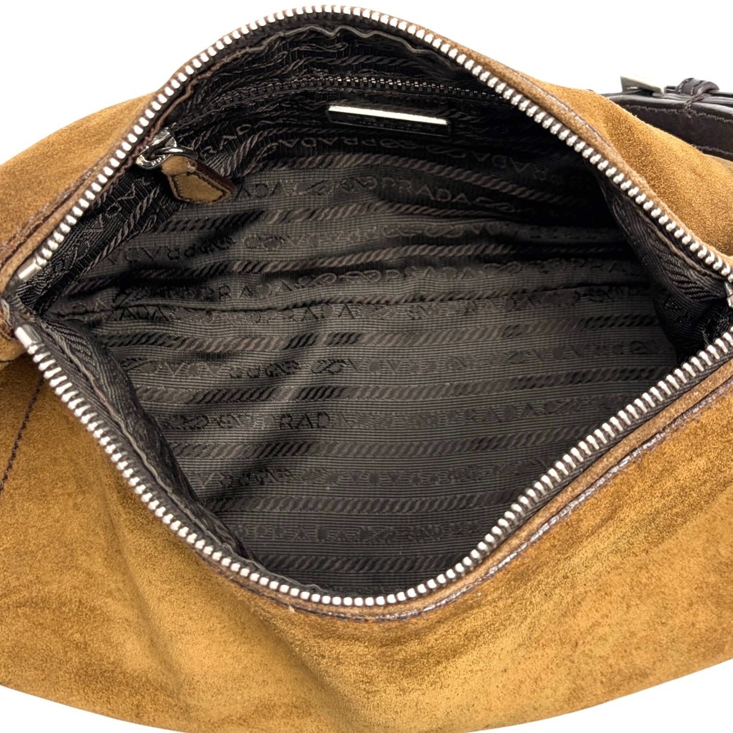 PRADA Triangle Logo Shoulder Hobo Suede Bag Brown Silver Leather Zip 902299