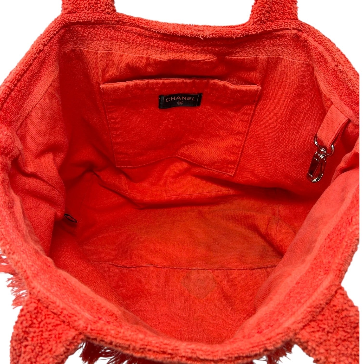 CHANEL Vintage CC Logo Beach Tote Shoulder Bag Red Cotton Terry Cloth Fringe