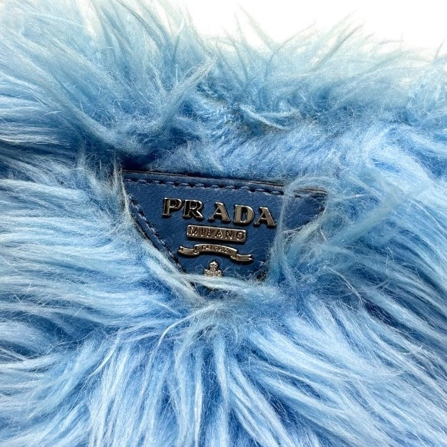 PRADA Vintage Logo Pelliccia Chain Shoulder Bag Mini Pouch Blue Faux Fur 902321