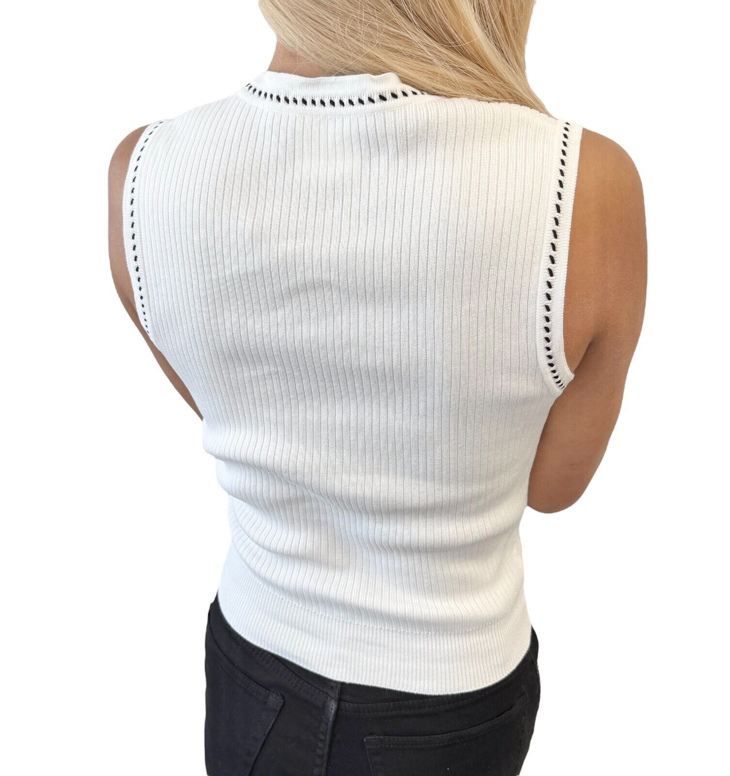 CHANEL Vintage 96P CC Logo Knit Tank Top #40 White Black Cotton Stitch
