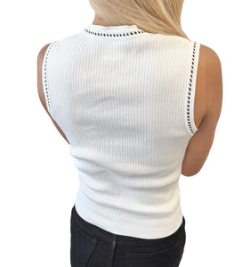 CHANEL Vintage 96P CC Logo Knit Tank Top #40 White Black Cotton Stitch