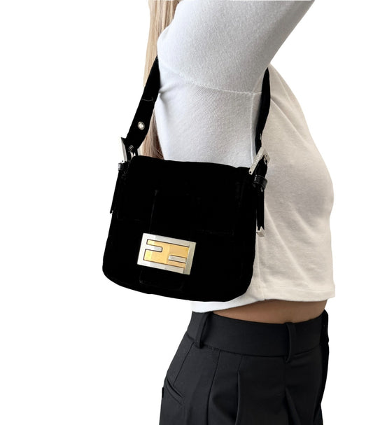 FENDI Vintage FF Logo Mamma Baguette Shoulder Bag Black Silver Velour 902207