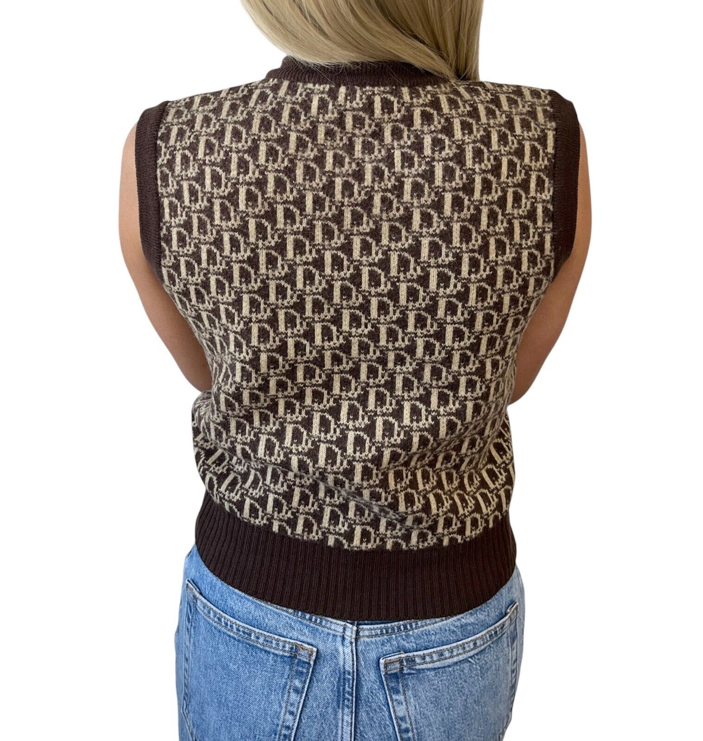 Christian Dior Vintage Trotter Monogram Logo Knit Vest V-neck Brown Beige Wool