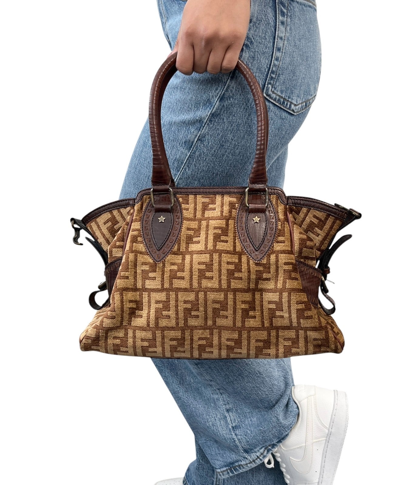 FENDI Vintage FF Logo Zucca Etniko Shoulder Bag Brown Gold Velour Leather