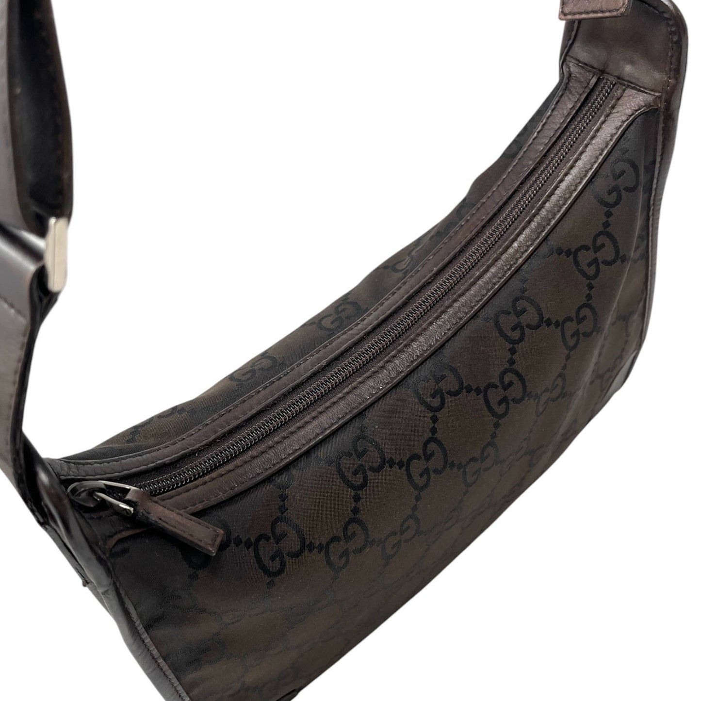 GUCCI Vintage GG Monogram Hobo Shoulder Bag Brown Nylon Leather 902271