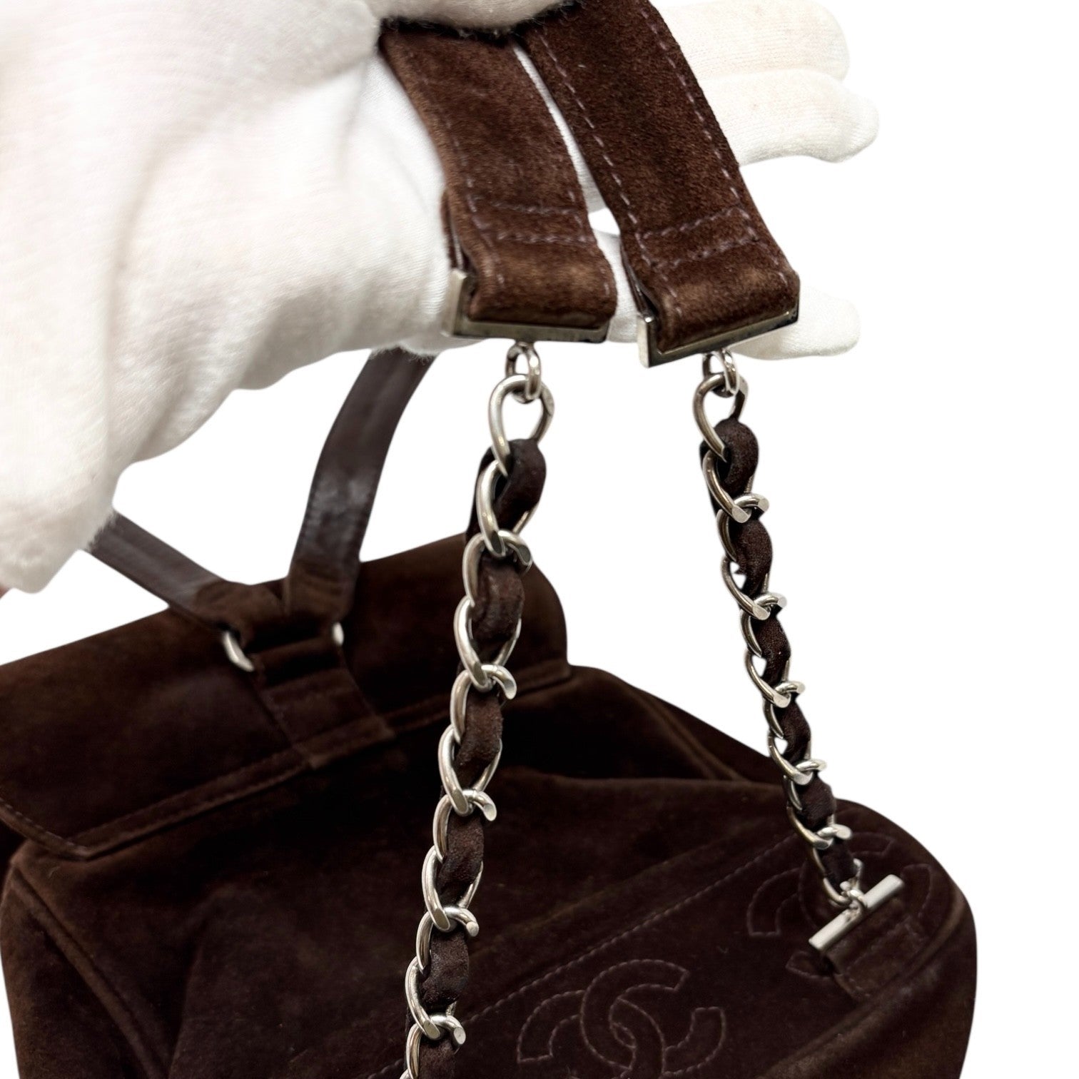 CHANEL Vintage CC Mark Logo Turn Lock Backpack Stitch Brown Silver Suede