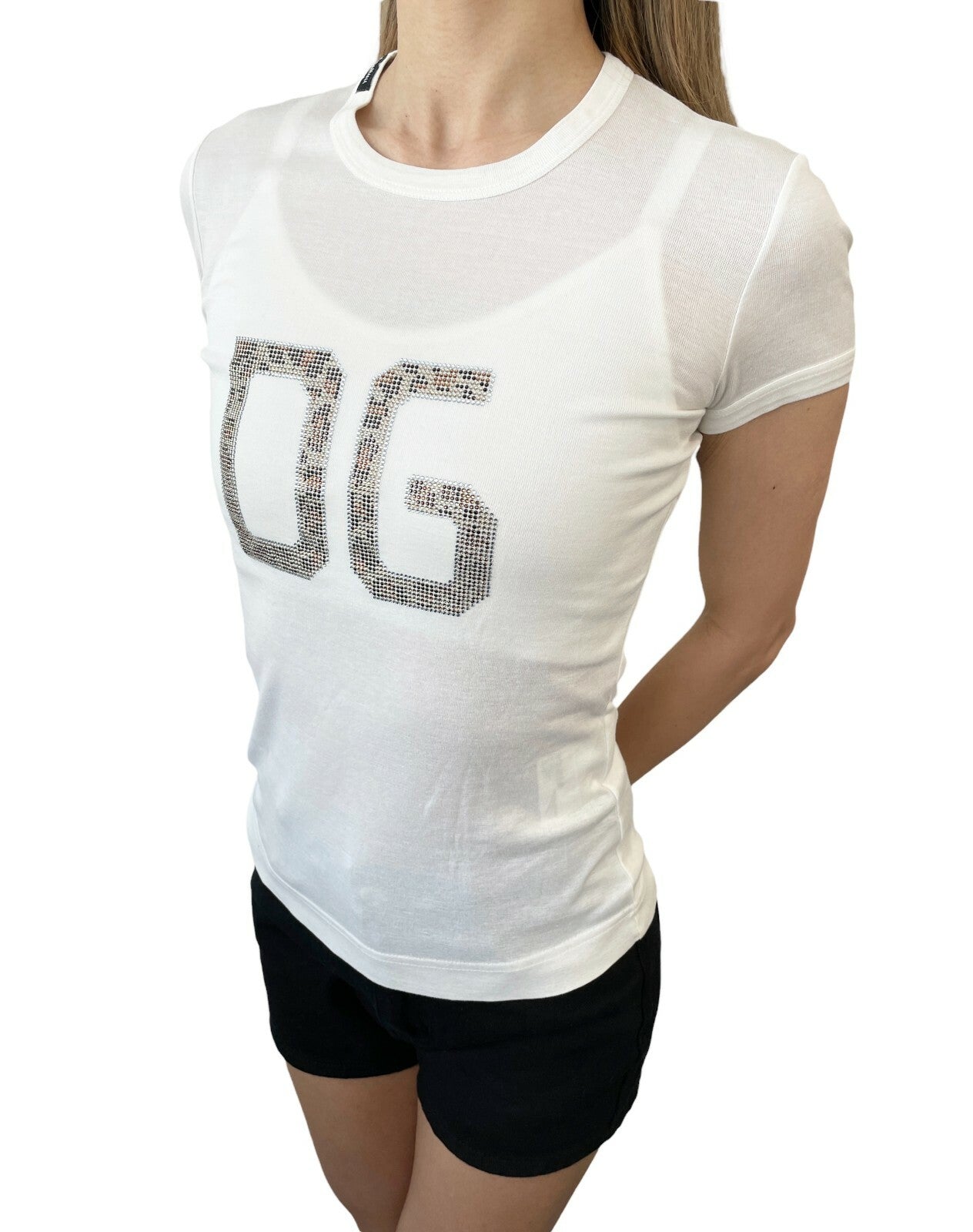 DOLCE&GABBANA Vintage Leopard Rhinestone T-shirts #38 Top White Cotton RankAB