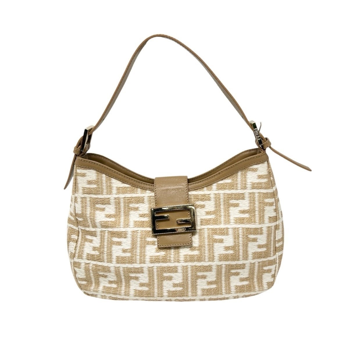 FENDI Vintage FF Logo Zucca Raffia Hobo Shoulder Bag Beige White Leather