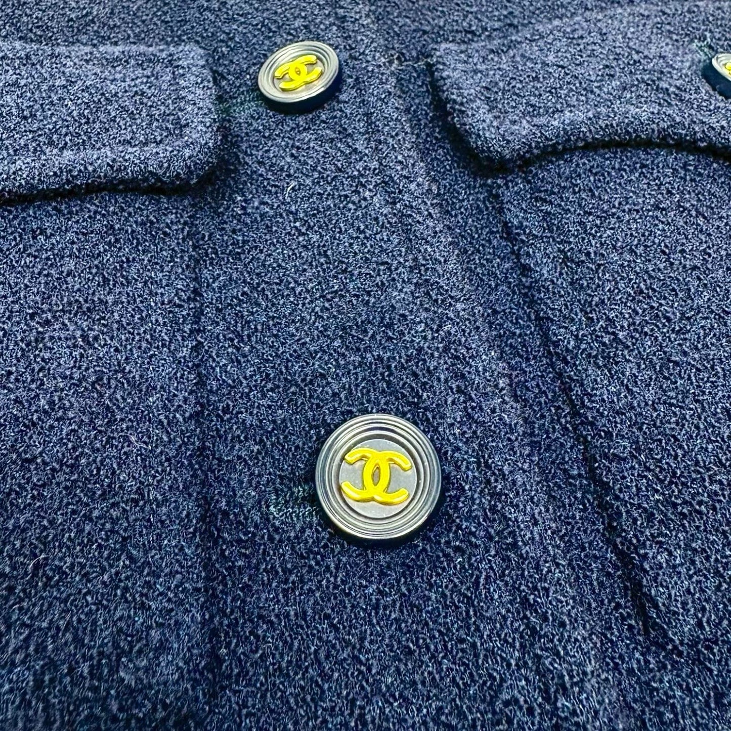 CHANEL Vintage 95A CC Logo Gold Button Collarless Jacket #36 Dark Blue Wool