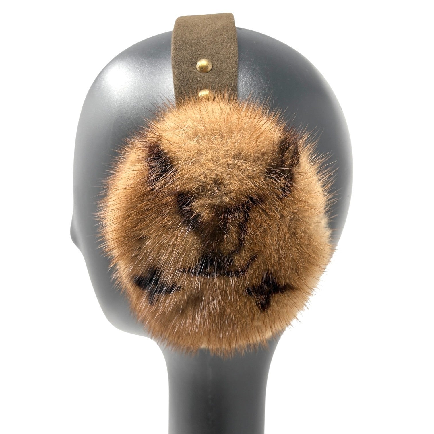 LOUIS VUITTON Vintage LV Monogram Mink Earmuffs Brown Gold Suede Accessory