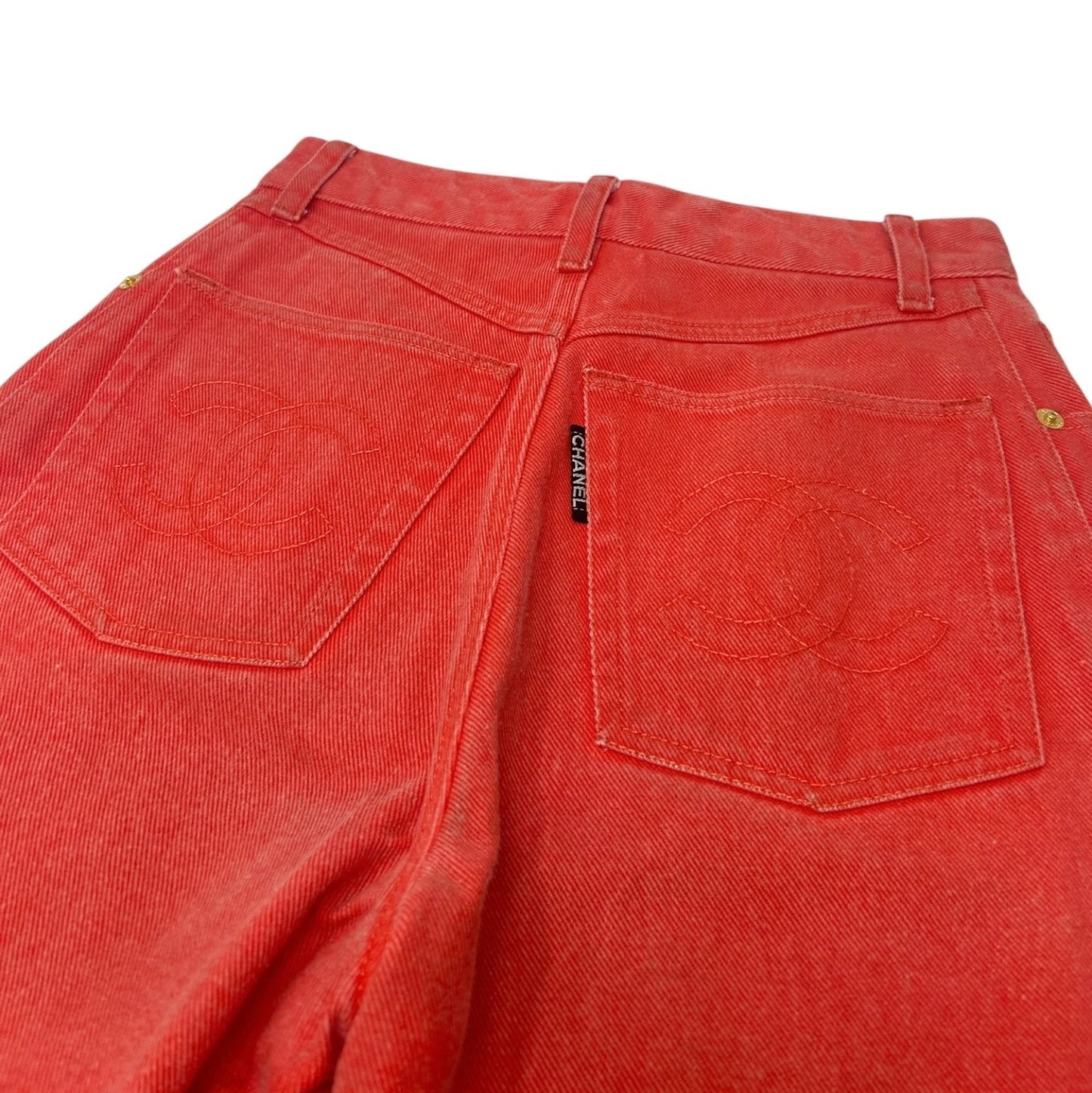 CHANEL Vintage CC Mark Logo Half Pants #36 Red Gold Cotton Button Stitch