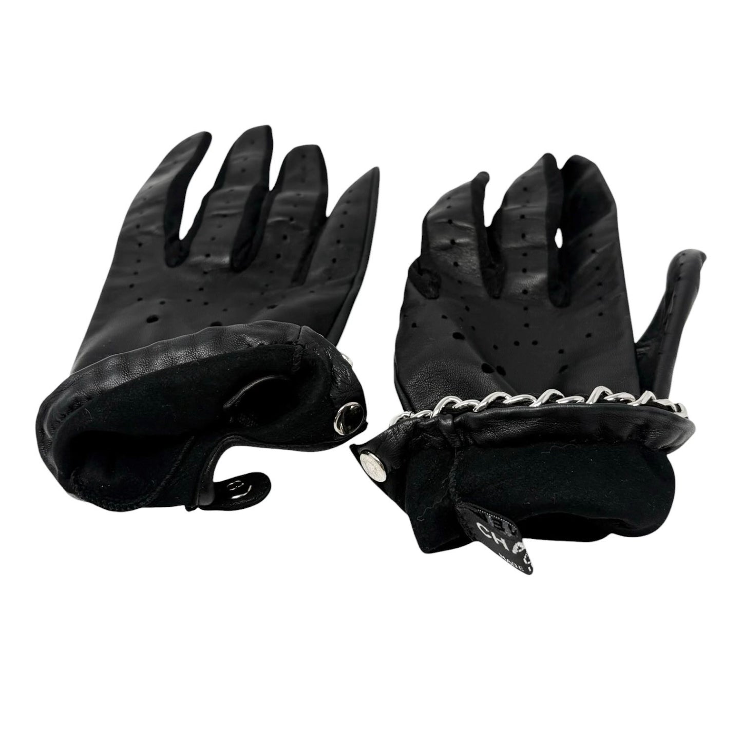 CHANEL Vintage CC Logo Chain Leather Perforated Gloves #7.5 Black Silver 901842