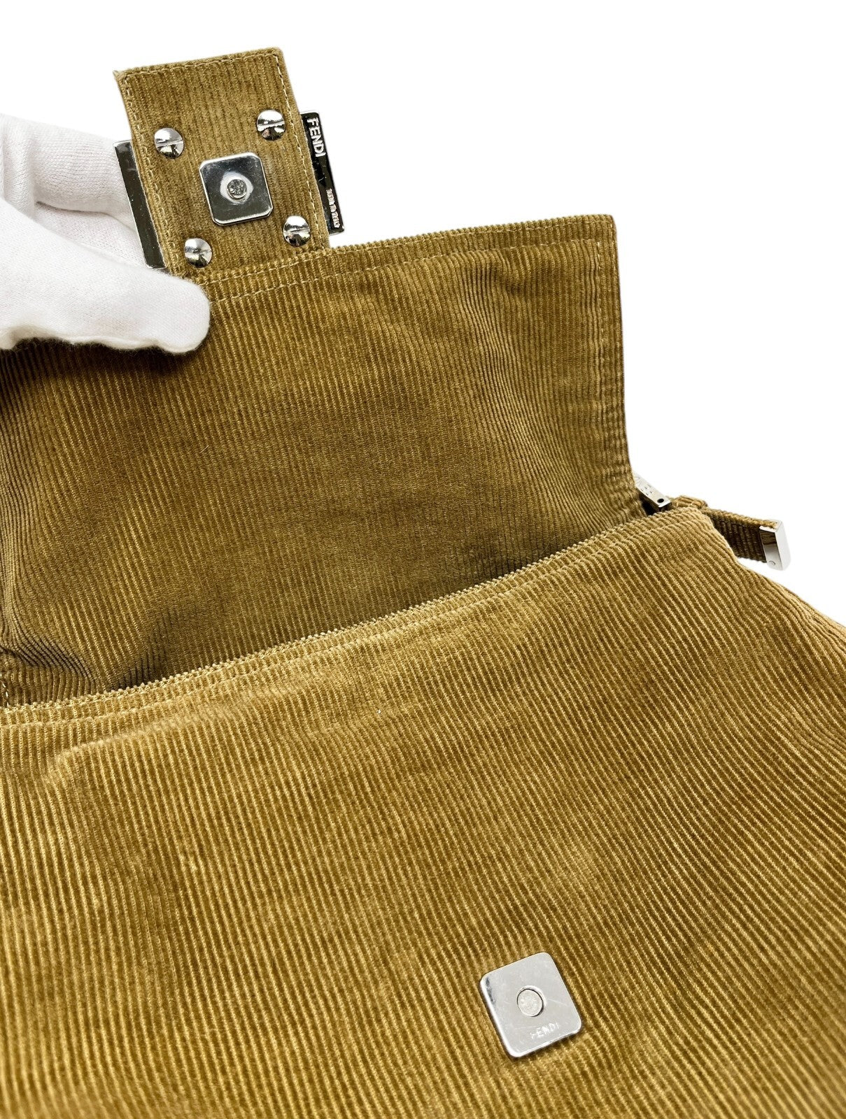 FENDI Vintage FF Logo Mamma Baguette Shoulder Bag Corduroy Brown Silver Cotton