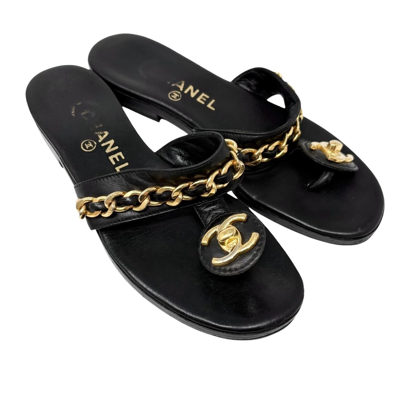 CHANEL Vintage Turnlock CC Logo Chain Sandals #37-37.5 Black Gold Leather 901814